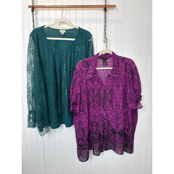 Lane Bryant & Avenue Green Lace Blouse - Pintucked Pleated Top Bundle Size 22/24 - Picture 1 of 11